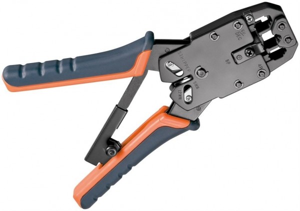 Crimpzange für Modularstecker (RJ 10/11/12/45) mit Kabelschneider und Abisolierer, blau/orange