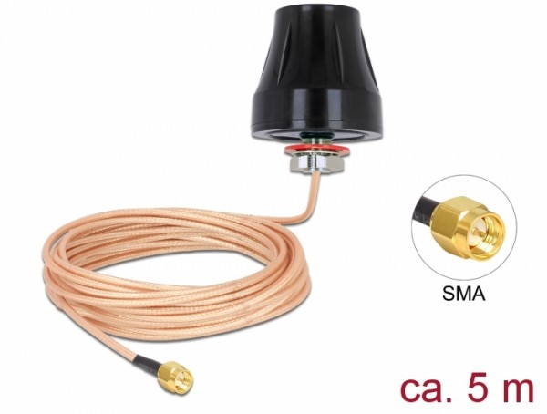 LTE Antenne SMA Stecker 2 dBi starr omnidirektional mit Anschlusskabel (RG-316U 5 m) outdoor schwarz