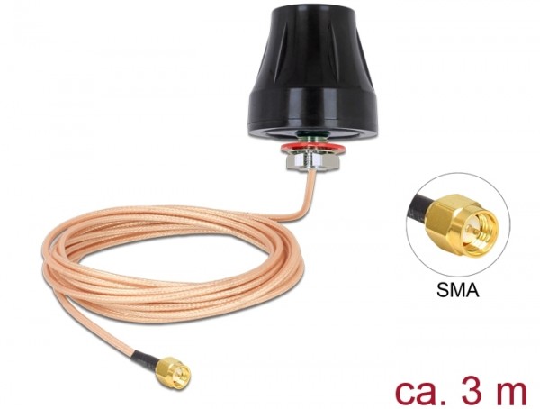 LTE Antenne SMA Stecker 2 dBi starr omnidirektional mit Anschlusskabel (RG-316U, 3 m) outdoor schwarz