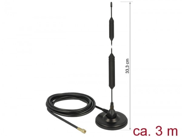 GSM Antenne SMA Stecker 5 dBi starr omnidirektional mit magnetischem Standfuß und Anschlusskabel (RG-58, 3 m) outdoor schwarz