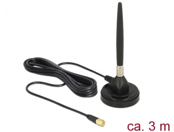 GSM Antenne SMA Stecker 3 dBi starr omnidirektional mit magnetischem Standfuß und Anschlusskabel (RG-174, 3 m) outdoor schwarz