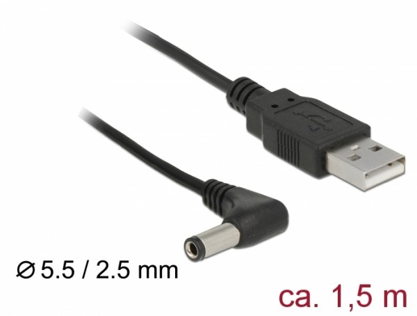 USB Strom Adapterkabel A Stecker - Hohlstecker 5,5 x 2,5mm 90&#176; gewinkelt 1,50m
