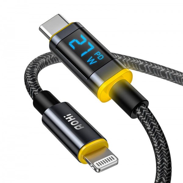 AOHI Magline Display LED Cable, USB-C - Lightning (MFi) Ladekabel mit Stromanzeige, 1,2m, schwarz